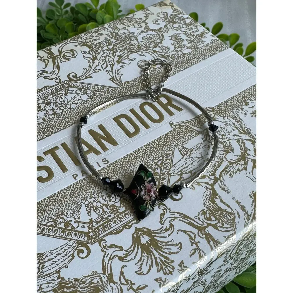 BOGO FREE VTG cloisonné BLACK FAN ADJUSTABLE BRACELET